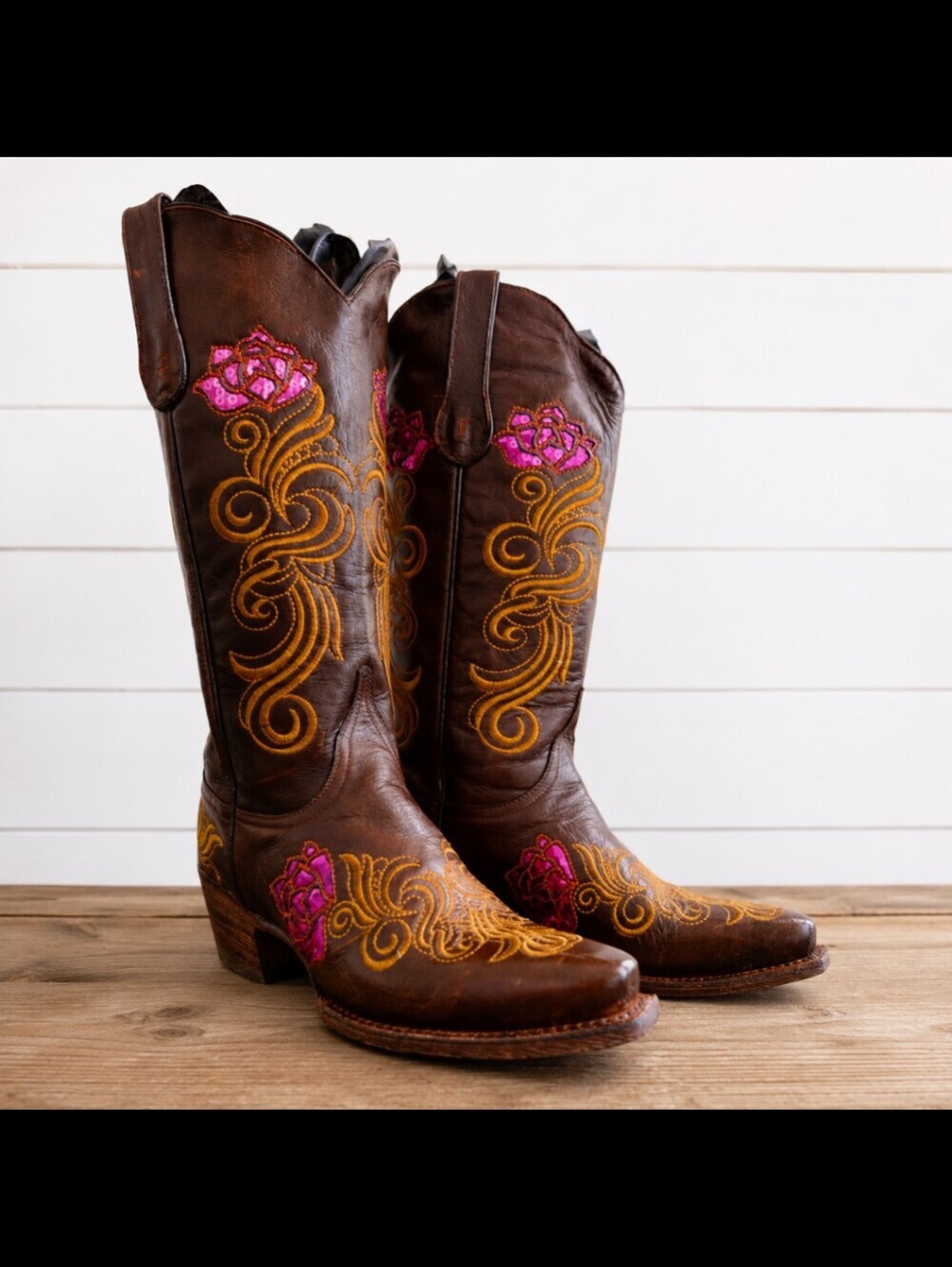 Ferrini Women's Brown Leather Floral Embroidered Western Cowboy Boots | Rose 7.5